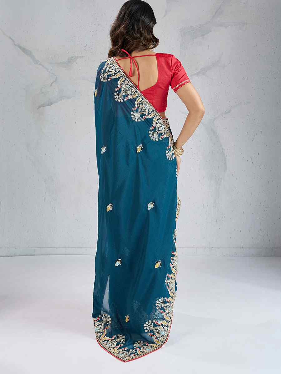 Teal Star Georgette Silk Embroidery Traditional Bridal Reception Festival Wedding Fancy Heavy Border Saree