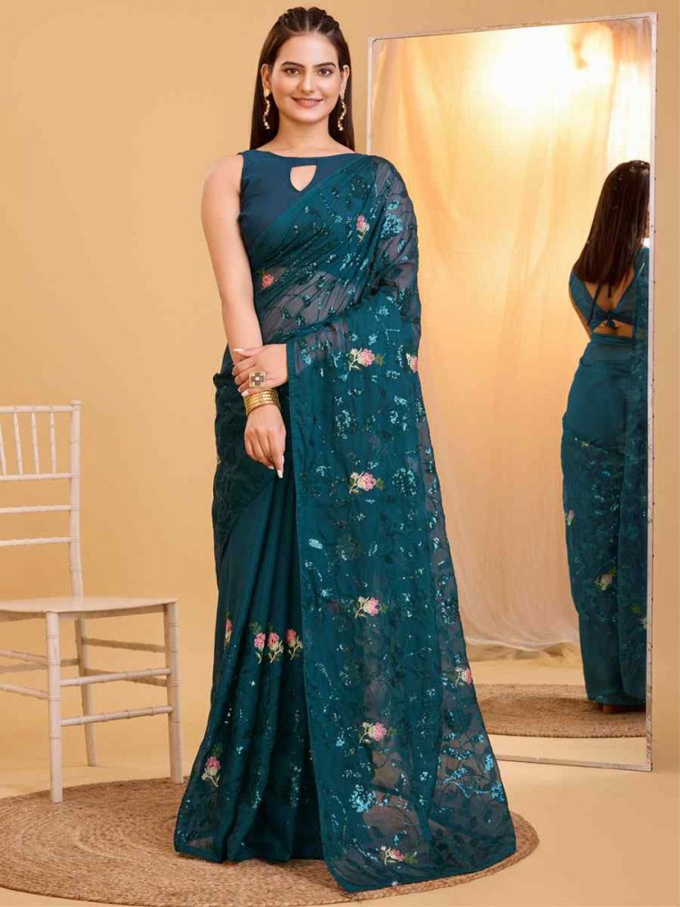 Teal Taby Organza Silk Embroidered Party Reception Heavy Border Saree