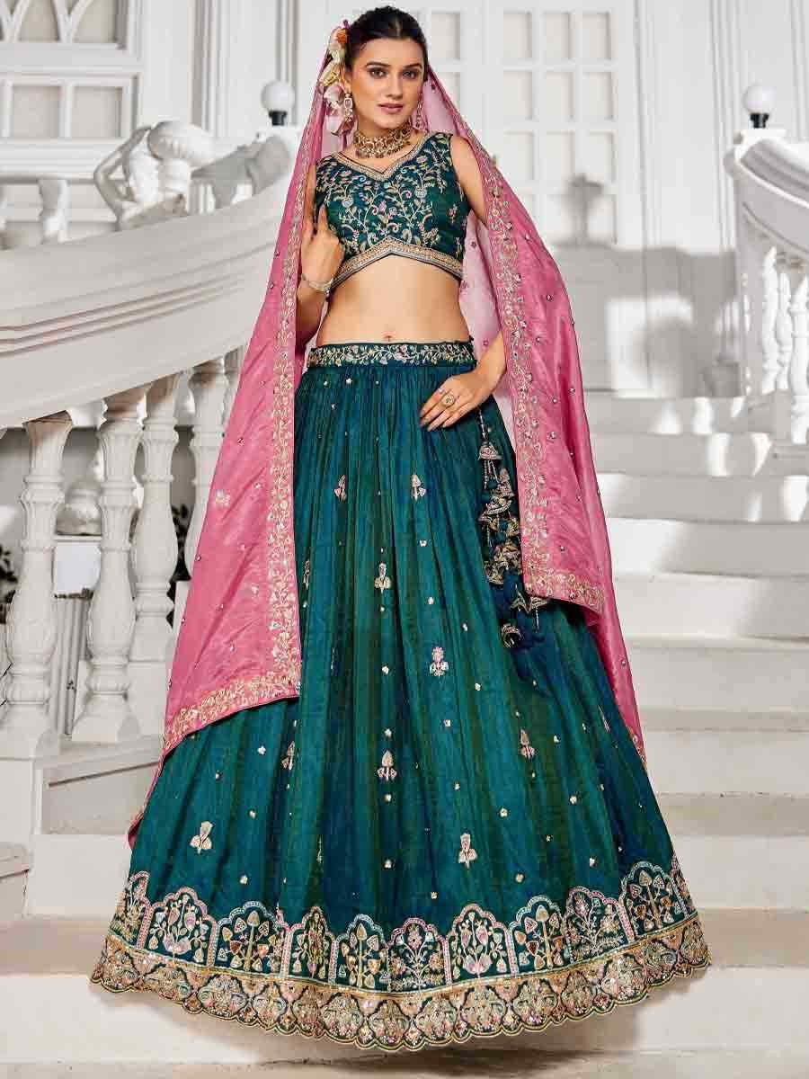 Teal Tissue Embroidered Reception Wedding Heavy Border Lehenga Choli
