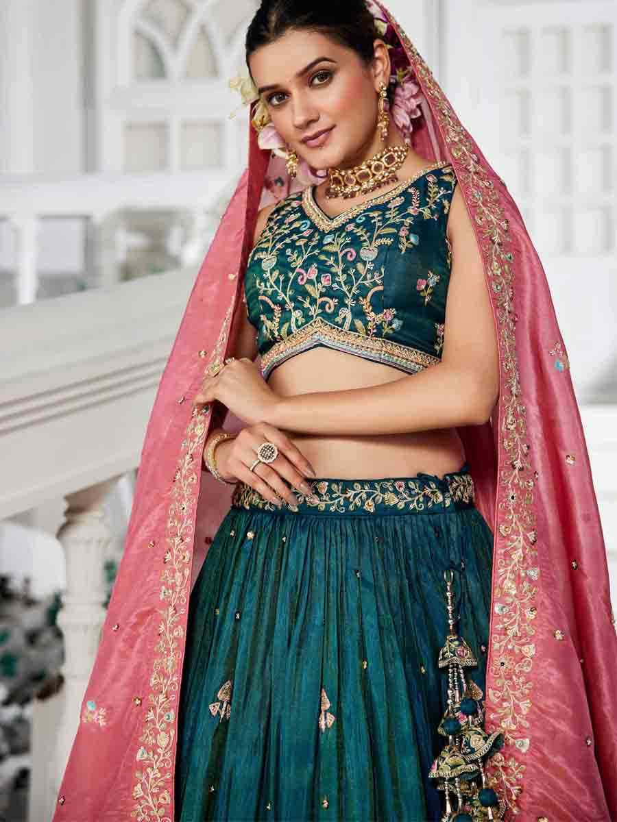 Teal Tissue Embroidered Reception Wedding Heavy Border Lehenga Choli