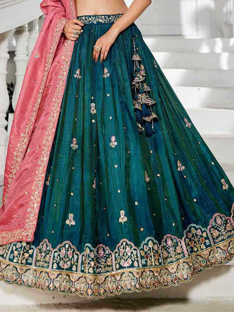 Teal Tissue Embroidered Reception Wedding Heavy Border Lehenga Choli