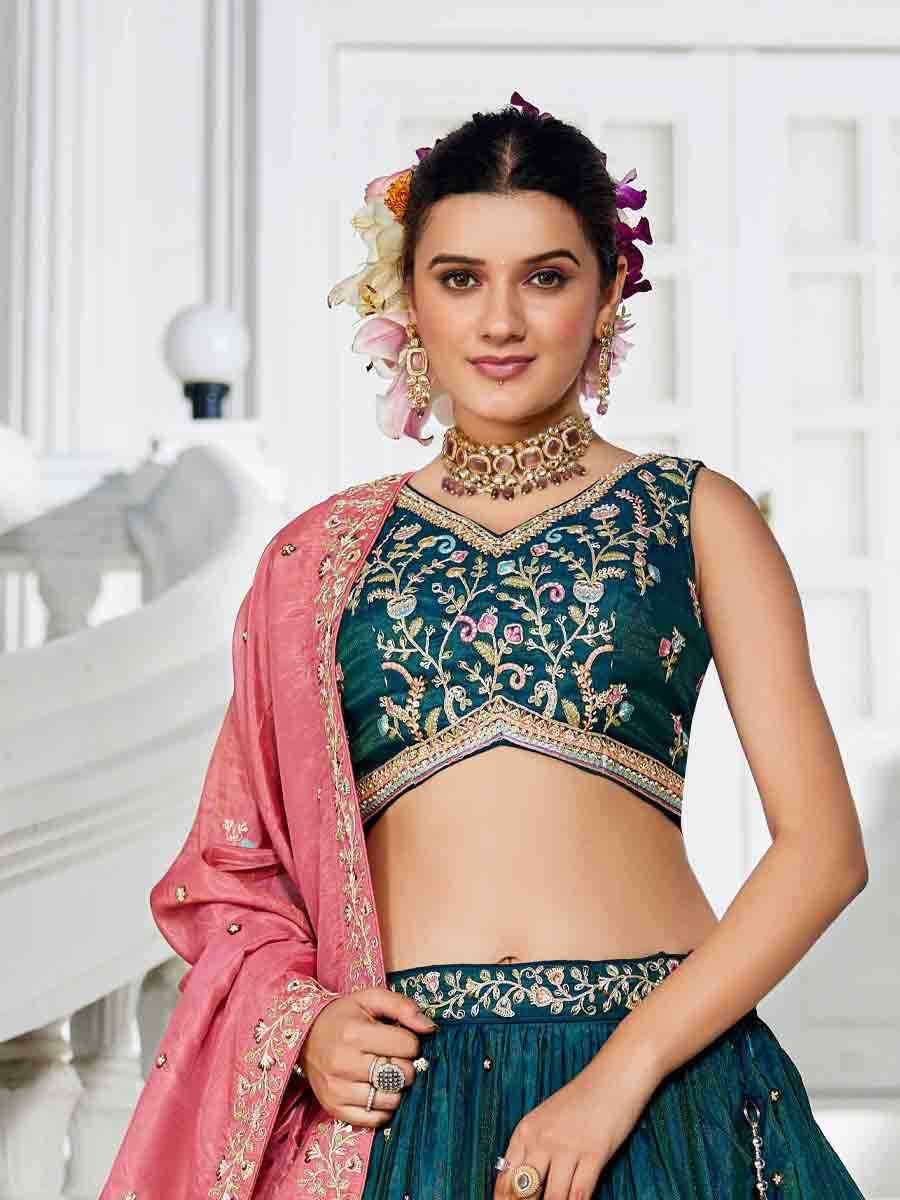 Teal Tissue Embroidered Reception Wedding Heavy Border Lehenga Choli