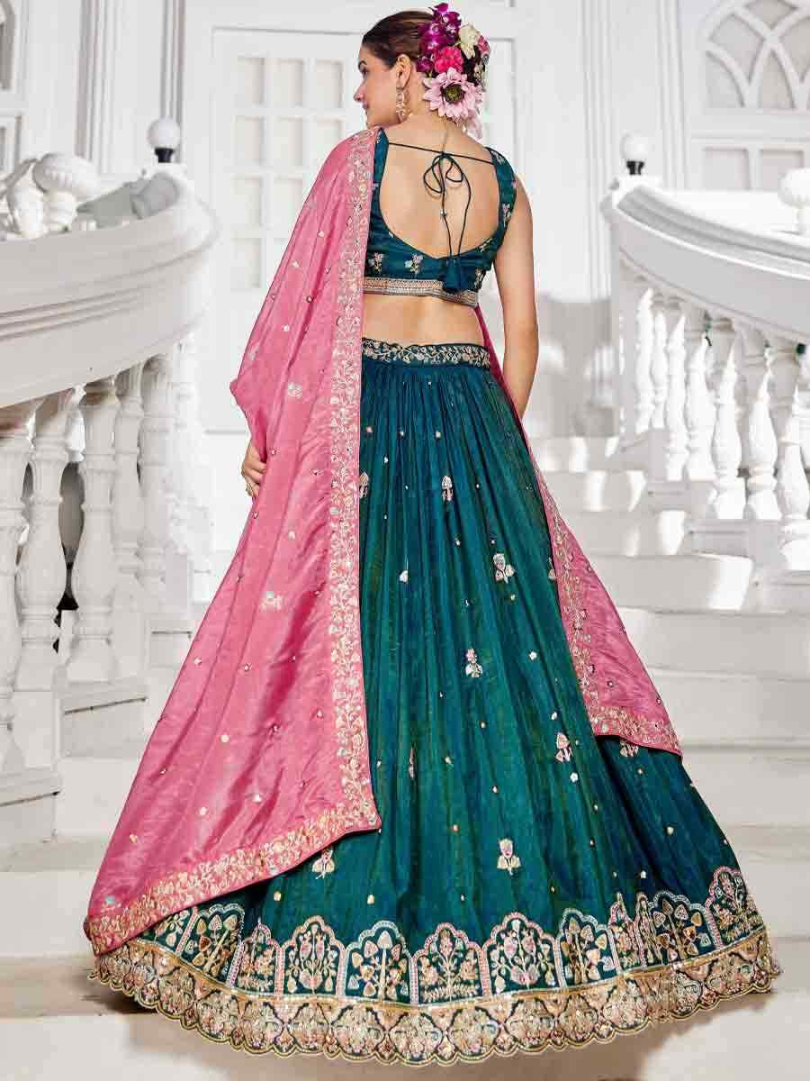 Teal Tissue Embroidered Reception Wedding Heavy Border Lehenga Choli