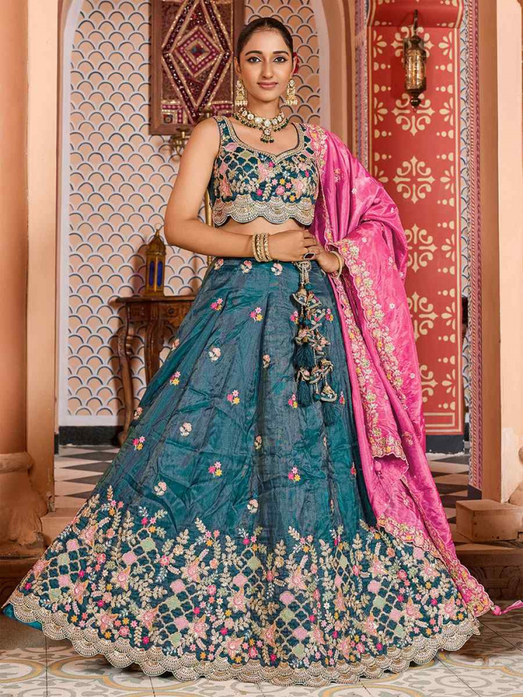 Image of Teal Tissue Embroidered Wedding Reception Festival Heavy Border Lehenga Choli