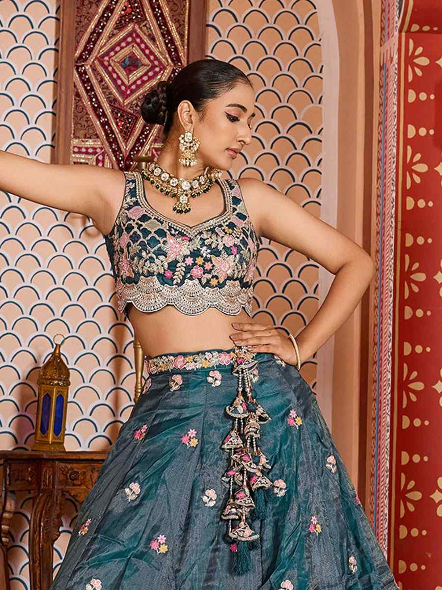 Teal Tissue Embroidered Wedding Reception Festival Heavy Border Lehenga Choli