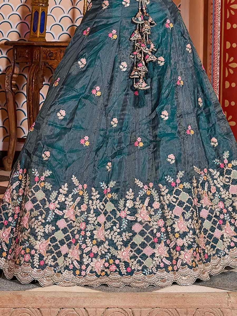 Teal Tissue Embroidered Wedding Reception Festival Heavy Border Lehenga Choli