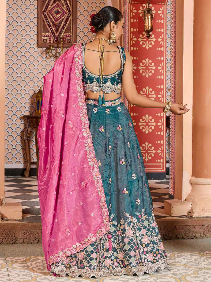 Teal Tissue Embroidered Wedding Reception Festival Heavy Border Lehenga Choli