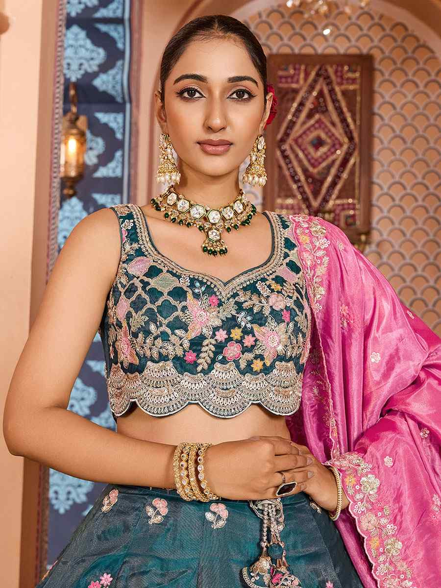 Teal Tissue Embroidered Wedding Reception Festival Heavy Border Lehenga Choli