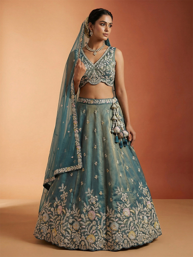 Image of Teal Tissue Embroidery Zari Sequins Wedding Reception Party Wear Festival Heavy Border Lehenga Choli