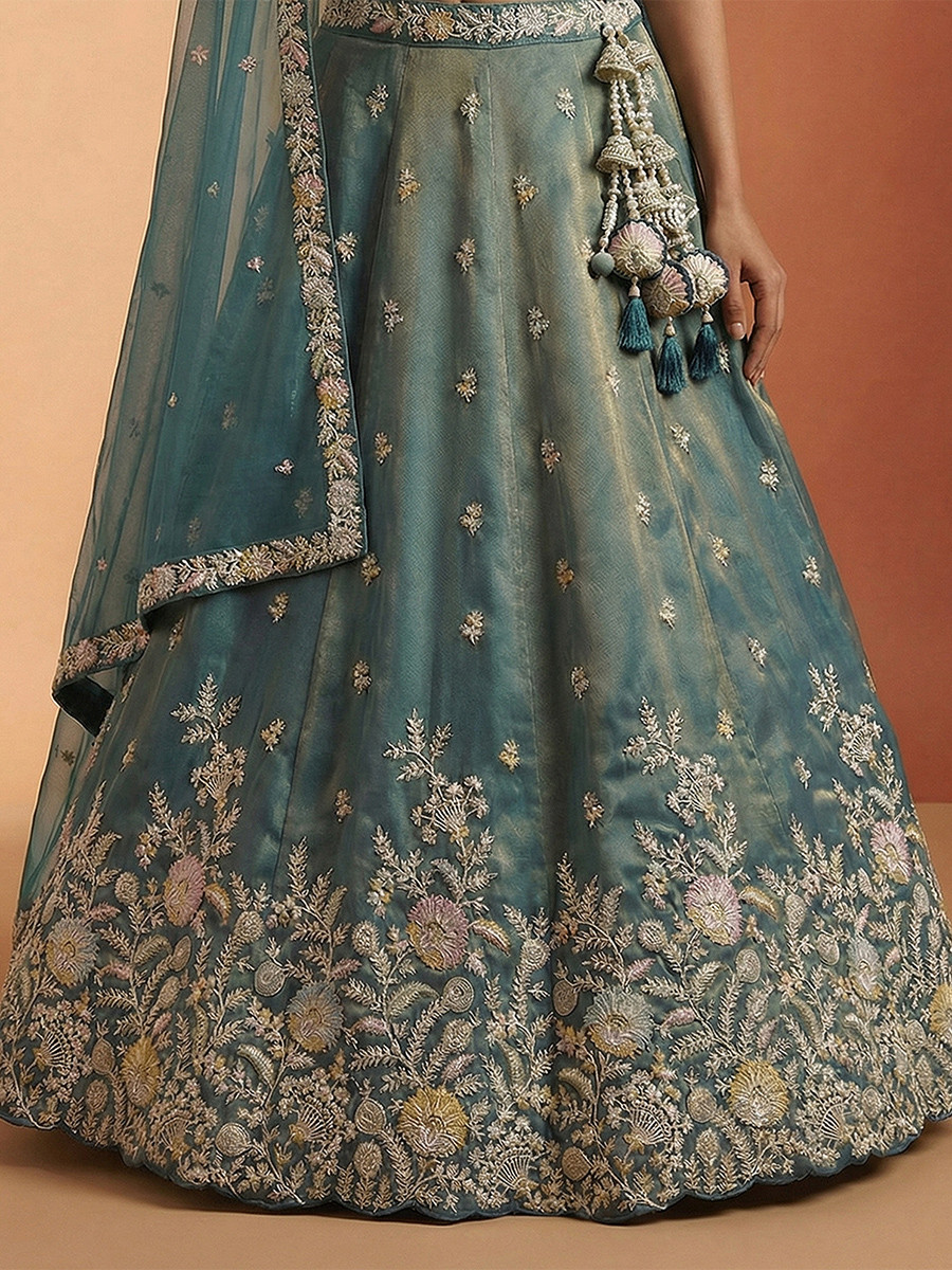 Teal Tissue Embroidery Zari Sequins Wedding Reception Party Wear Festival Heavy Border Lehenga Choli