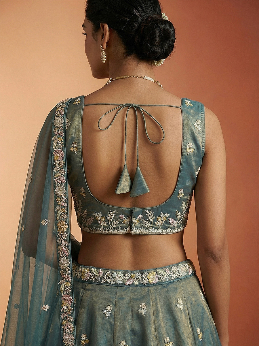 Teal Tissue Embroidery Zari Sequins Wedding Reception Party Wear Festival Heavy Border Lehenga Choli