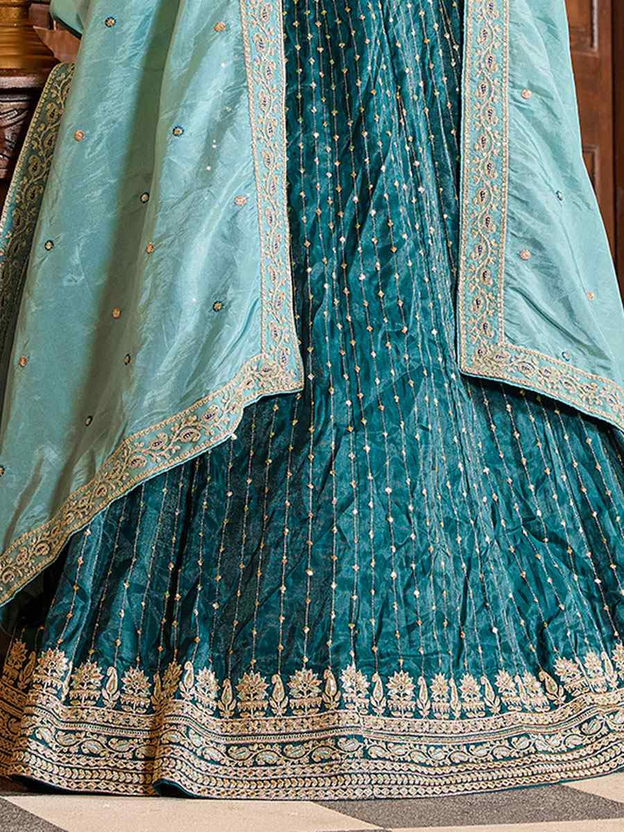 Teal Tissue Silk Embroidered Wedding Reception Festival Heavy Border Lehenga Choli
