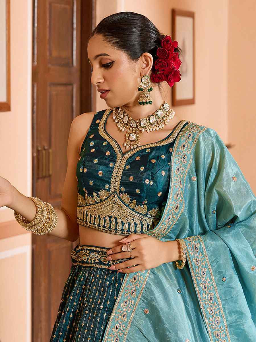 Teal Tissue Silk Embroidered Wedding Reception Festival Heavy Border Lehenga Choli