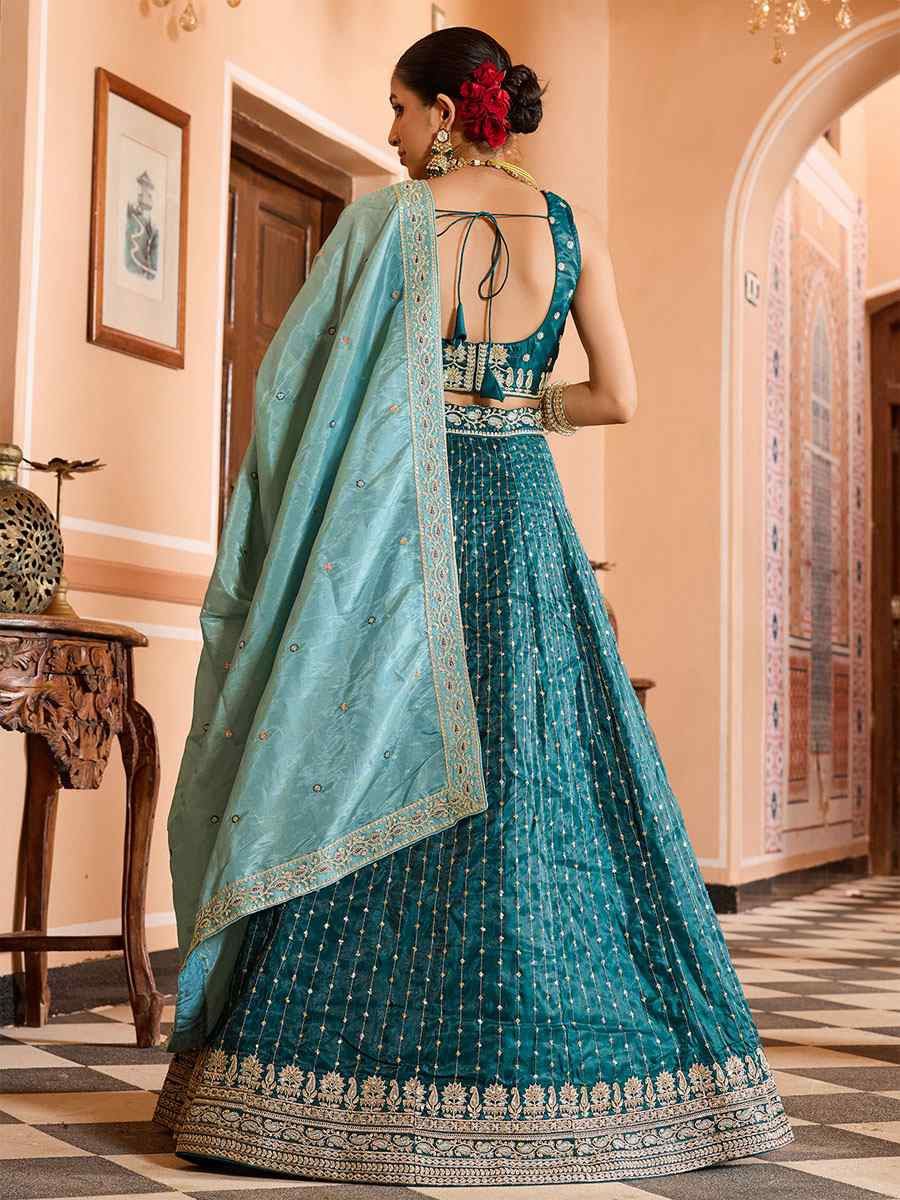 Teal Tissue Silk Embroidered Wedding Reception Festival Heavy Border Lehenga Choli