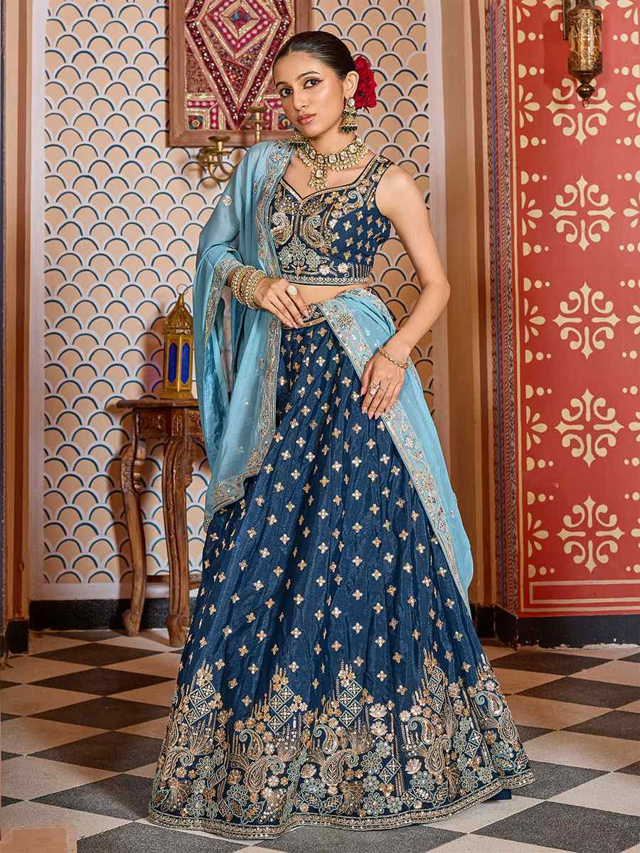 Teal Tissue Silk Embroidered Wedding Reception Festival Heavy Border Lehenga Choli