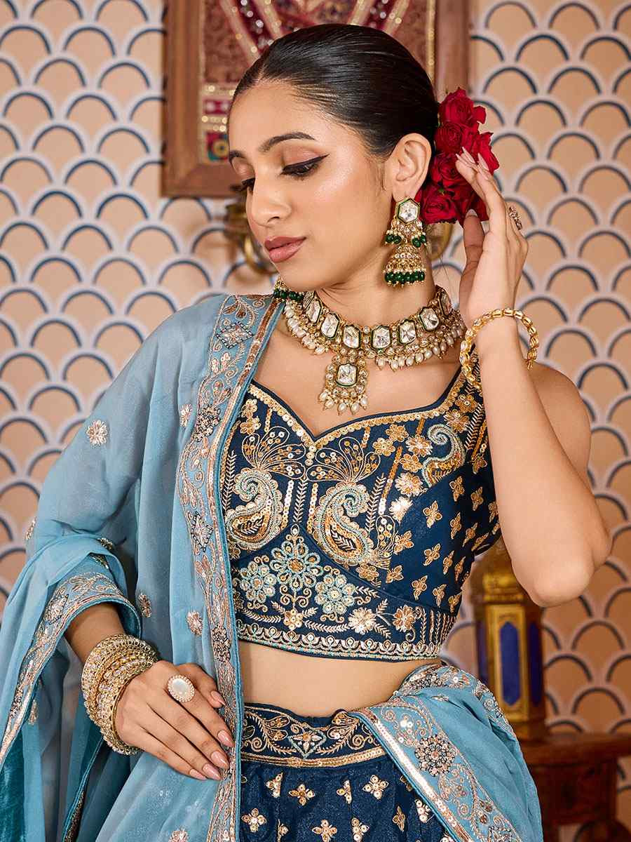 Teal Tissue Silk Embroidered Wedding Reception Festival Heavy Border Lehenga Choli