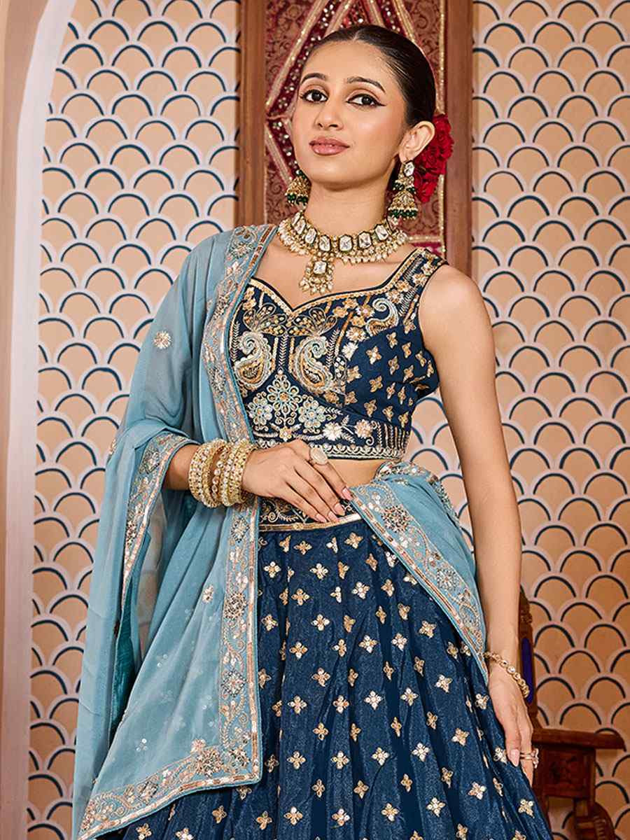 Teal Tissue Silk Embroidered Wedding Reception Festival Heavy Border Lehenga Choli