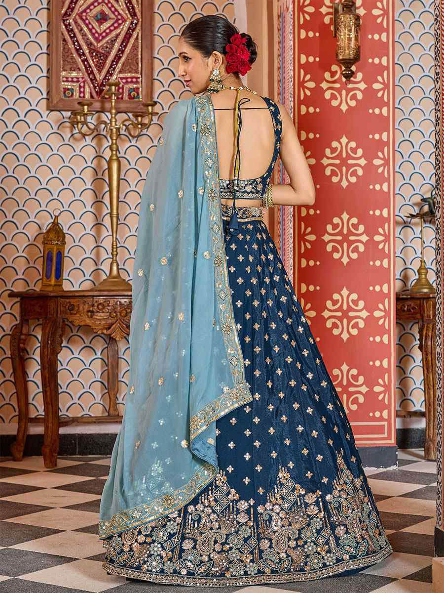 Teal Tissue Silk Embroidered Wedding Reception Festival Heavy Border Lehenga Choli
