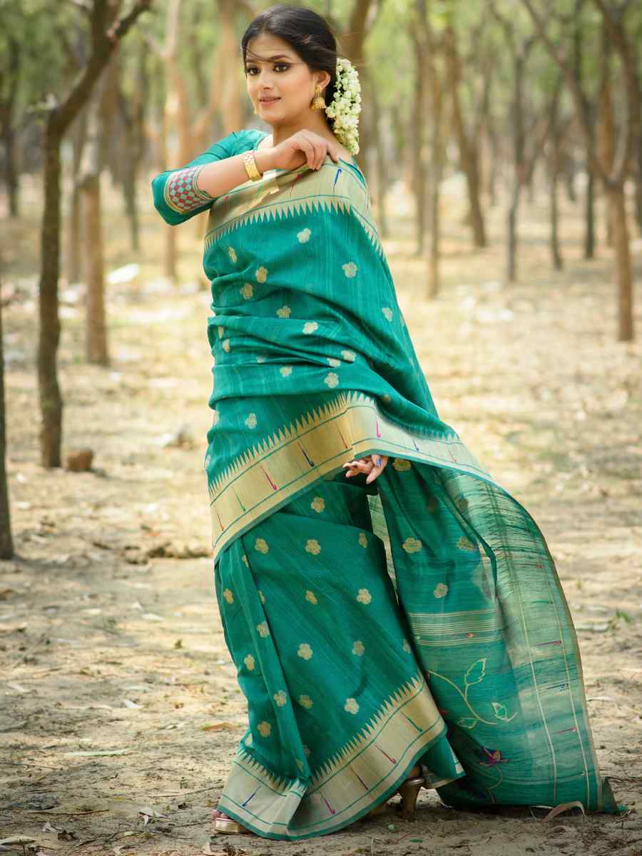 Teal Tussar Silk Handwoven Wedding Festival Heavy Border Saree