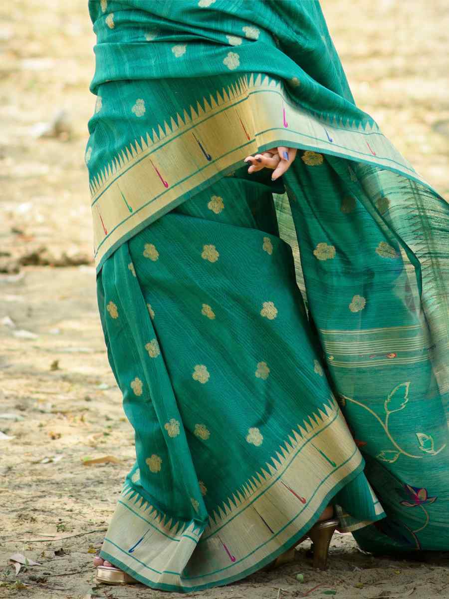 Teal Tussar Silk Handwoven Wedding Festival Heavy Border Saree