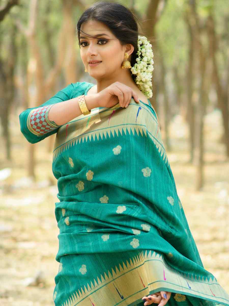 Teal Tussar Silk Handwoven Wedding Festival Heavy Border Saree