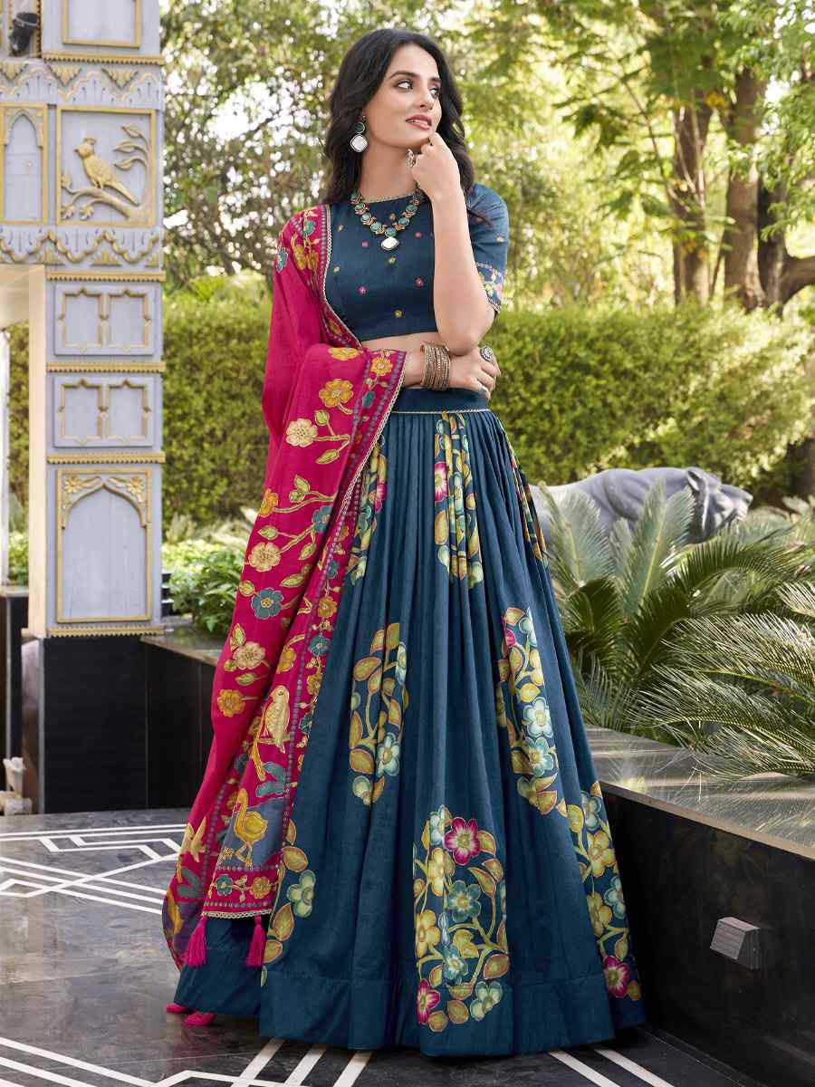 Teal Tussar Silk Printed And Foil Work Festival Traditional Lehenga Choli