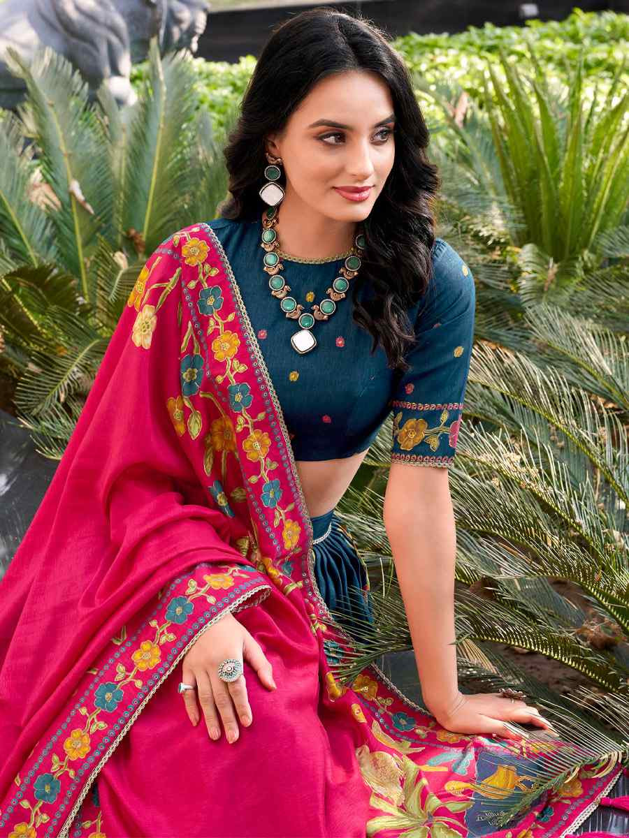 Teal Tussar Silk Printed And Foil Work Festival Traditional Lehenga Choli
