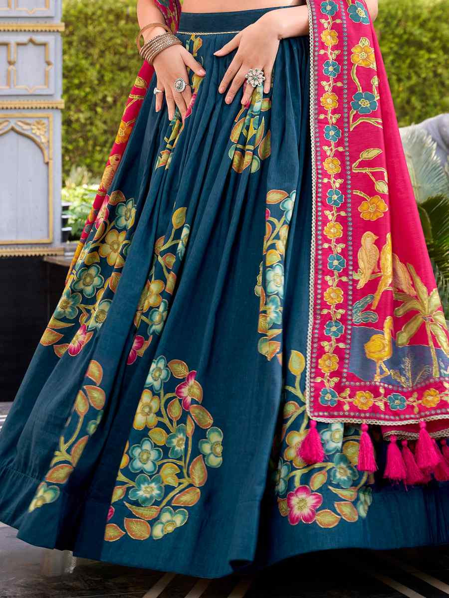 Teal Tussar Silk Printed And Foil Work Festival Traditional Lehenga Choli