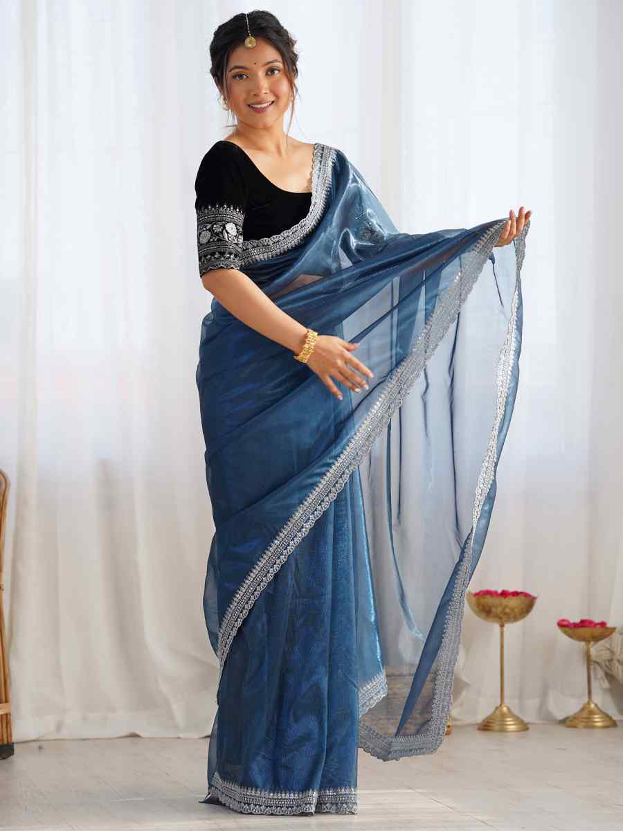 Teal Twill Net Embroidered Festival Wedding Fancy Heavy Border Saree