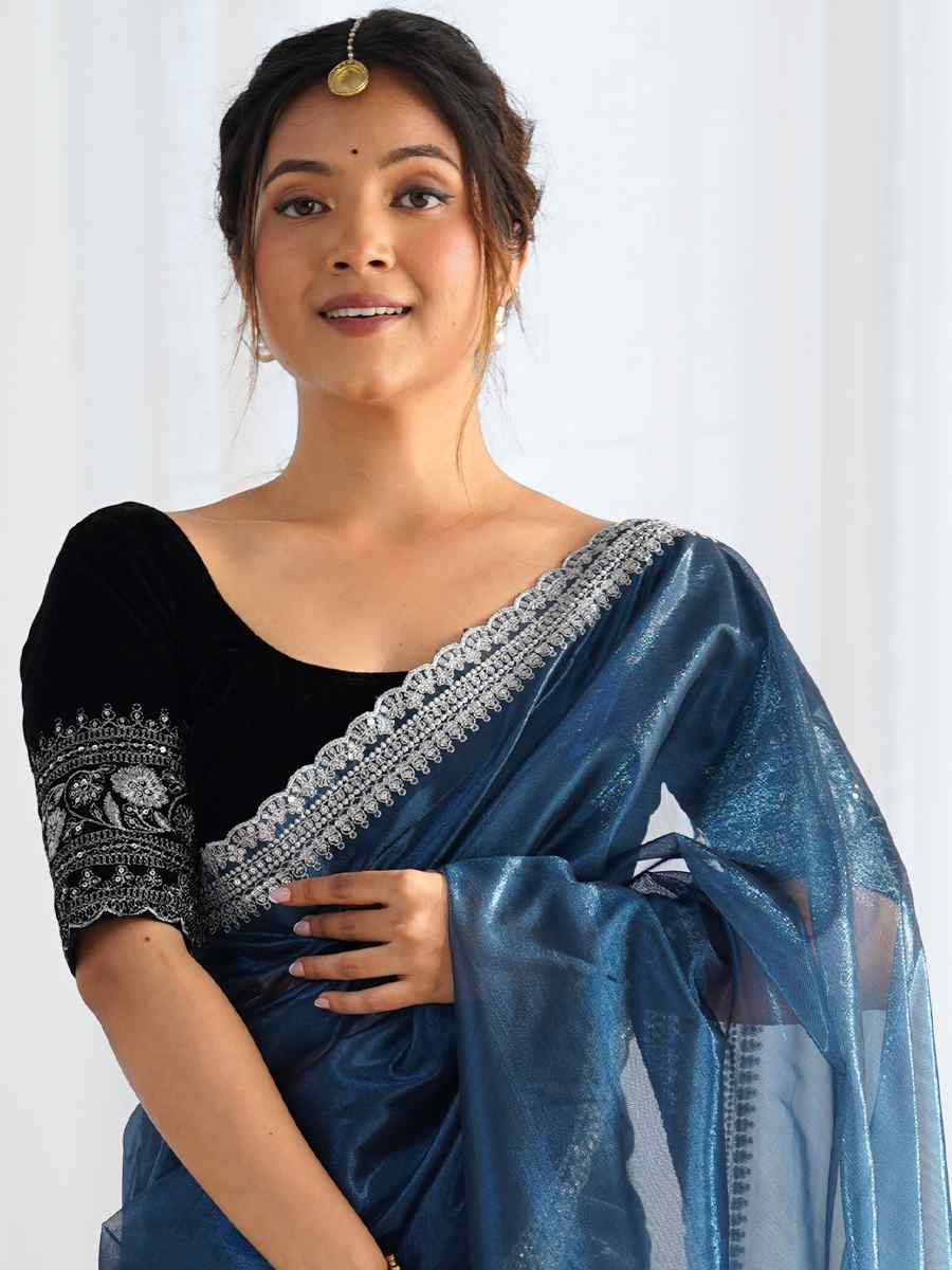 Teal Twill Net Embroidered Festival Wedding Fancy Heavy Border Saree