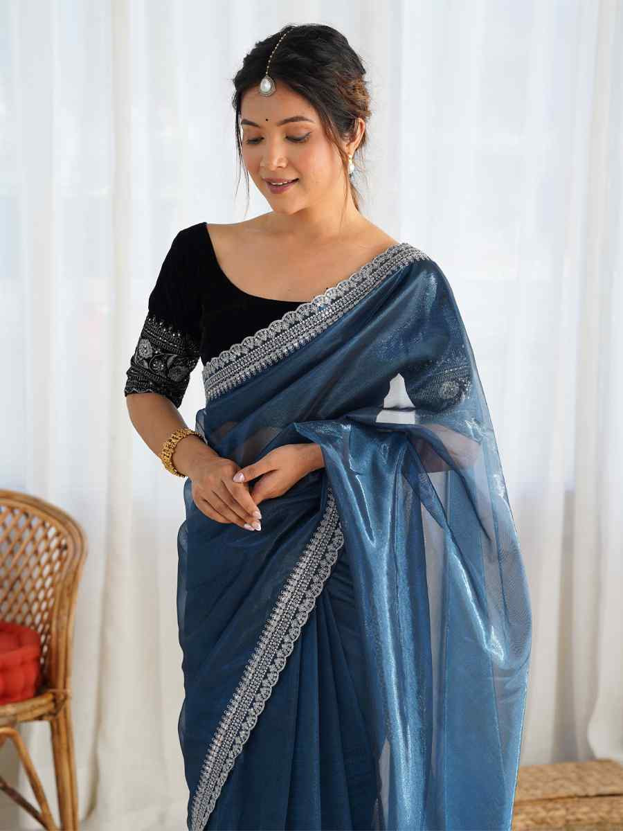 Teal Twill Net Embroidered Festival Wedding Fancy Heavy Border Saree