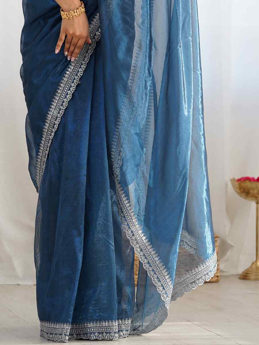Teal Twill Net Embroidered Festival Wedding Fancy Heavy Border Saree