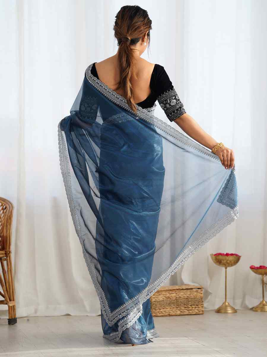 Teal Twill Net Embroidered Festival Wedding Fancy Heavy Border Saree