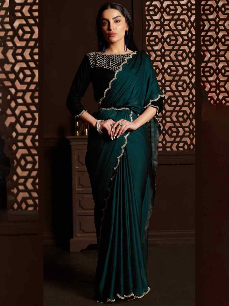 Teal Velvet Handwoven Party Festival Classic Style Saree