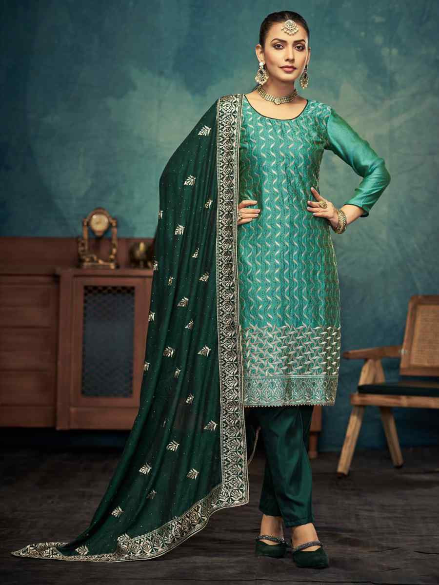 Teal Vichitra Embroidered Festival Wedding Pant Salwar Kameez