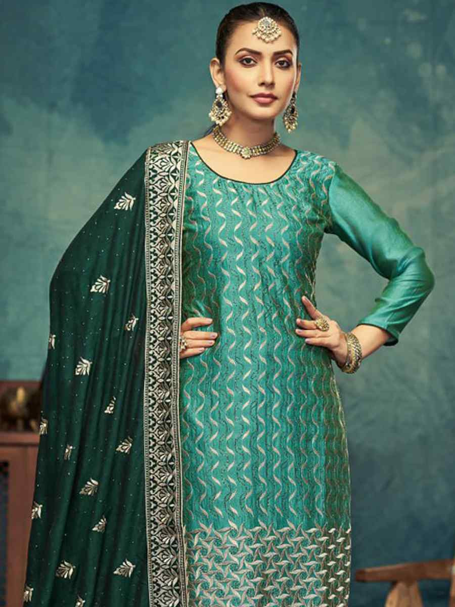 Teal Vichitra Embroidered Festival Wedding Pant Salwar Kameez