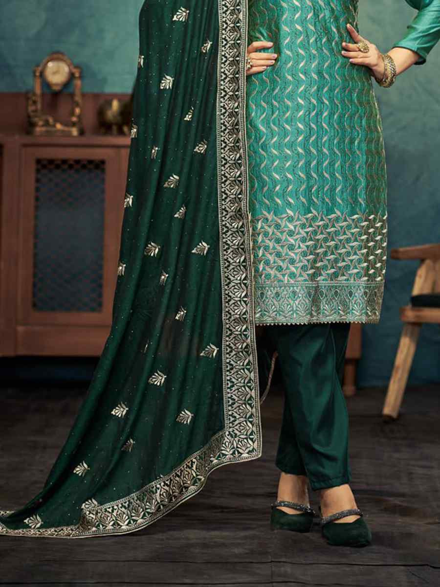 Teal Vichitra Embroidered Festival Wedding Pant Salwar Kameez
