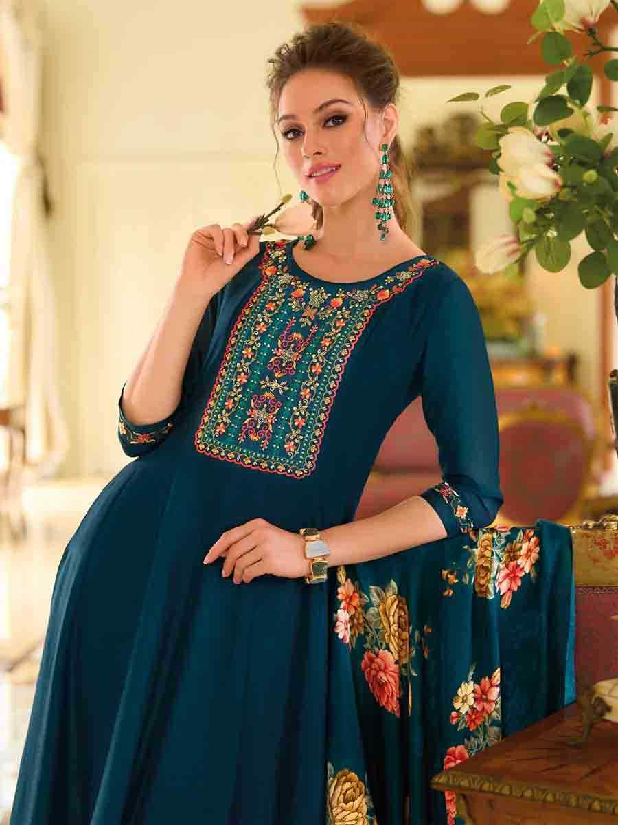Teal Vichitra Silk Embroidered Festival Casual Ready Anarkali Salwar Kameez