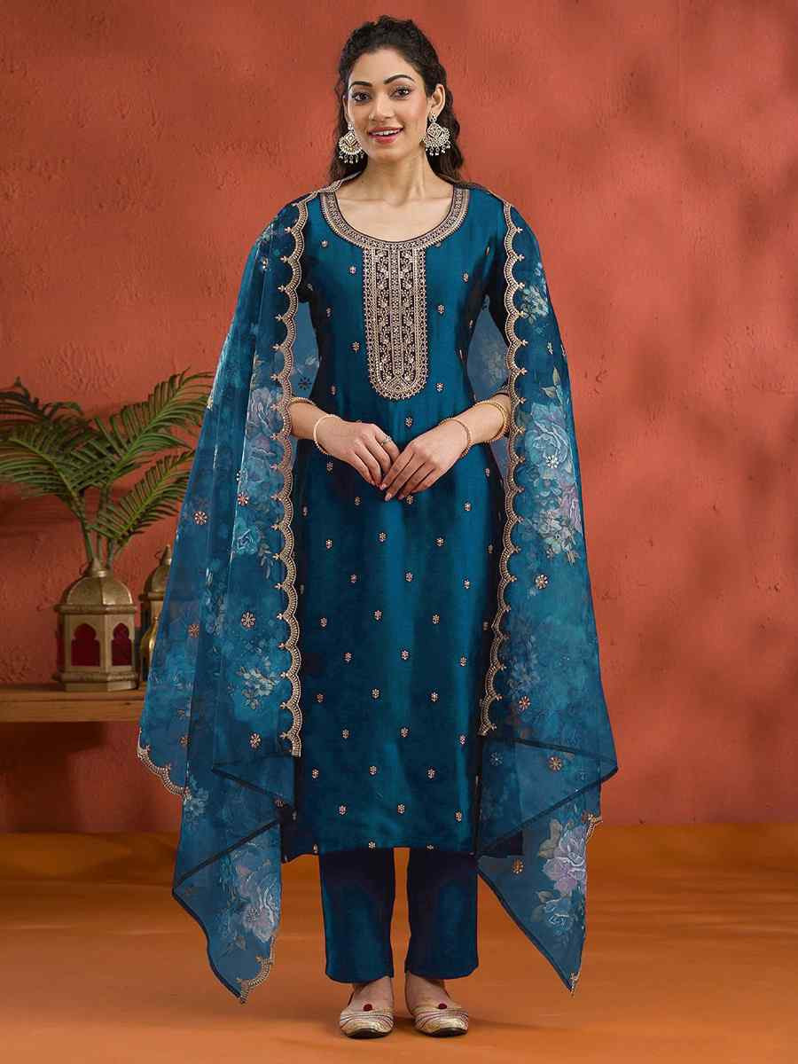 Teal Vichitra Silk Embroidered Festival Wedding Pant Salwar Kameez