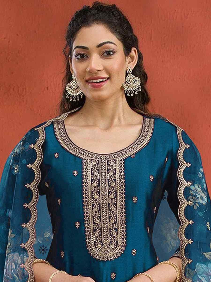 Teal Vichitra Silk Embroidered Festival Wedding Pant Salwar Kameez