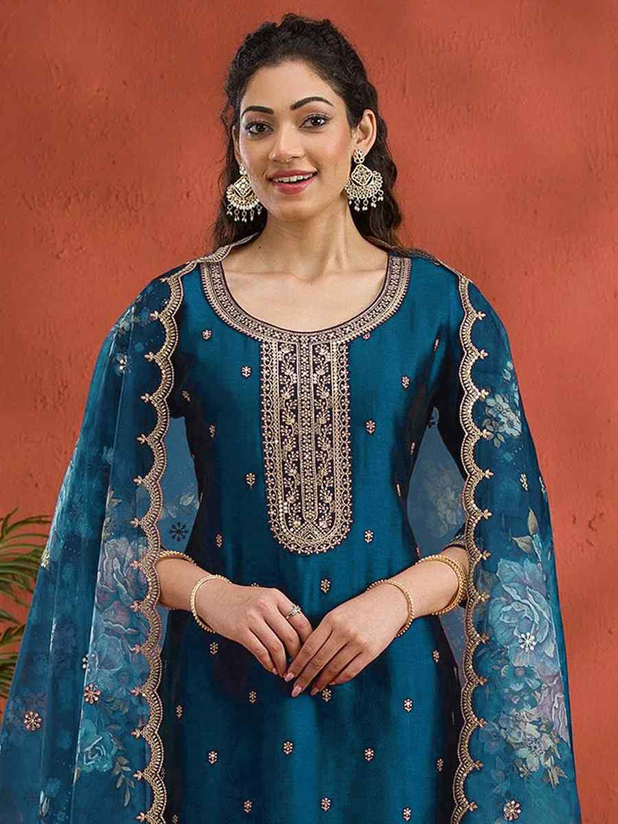 Teal Vichitra Silk Embroidered Festival Wedding Pant Salwar Kameez