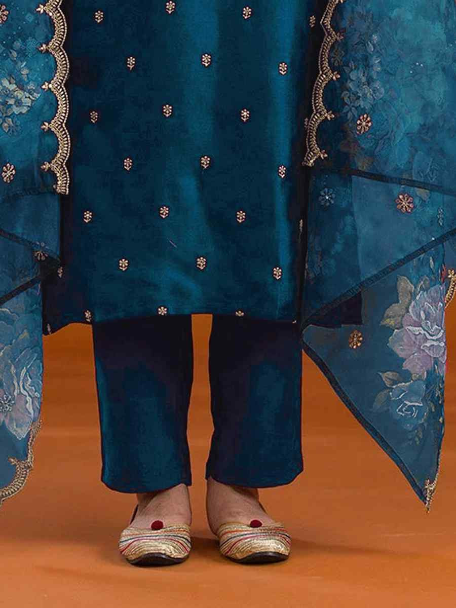 Teal Vichitra Silk Embroidered Festival Wedding Pant Salwar Kameez