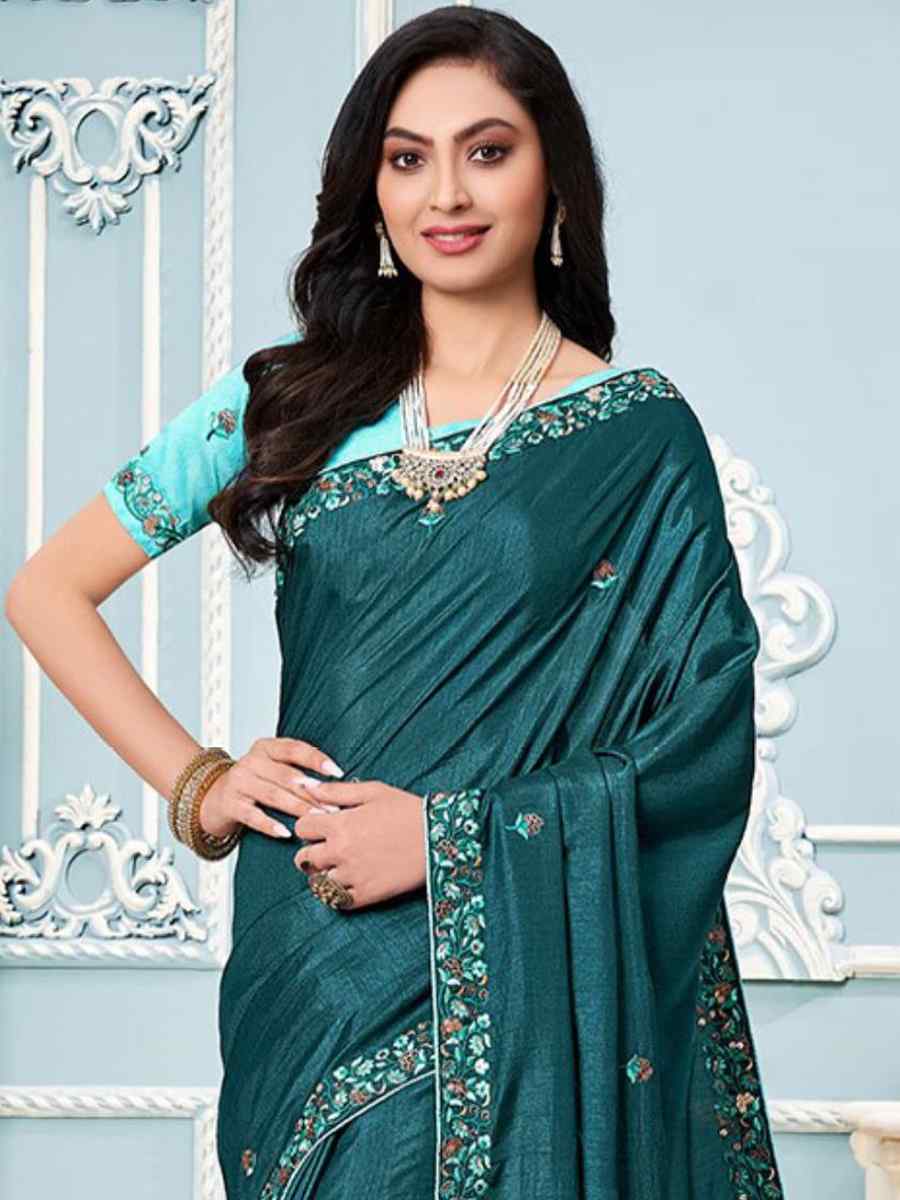 Teal Vichitra Silk Embroidered Party Festival Classic Style Saree