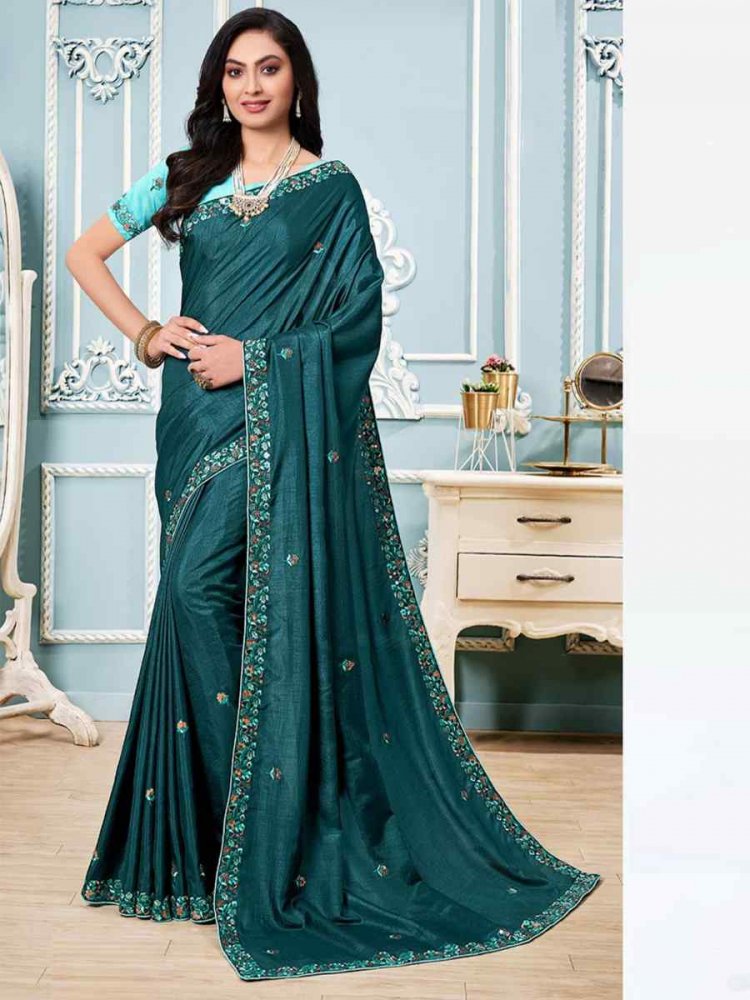 Teal Vichitra Silk Embroidered Party Festival Classic Style Saree