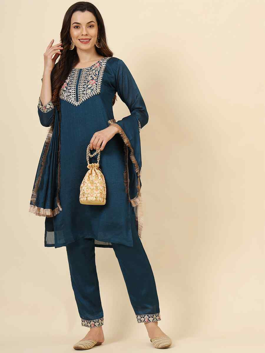 Teal Vichitra Silk Embroidered Party Wedding Ready Pant Salwar Kameez