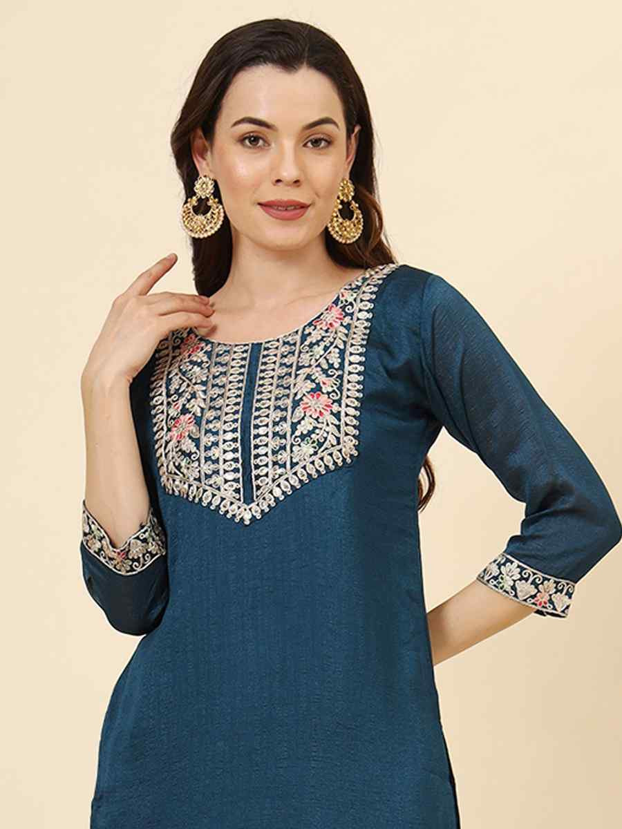 Teal Vichitra Silk Embroidered Party Wedding Ready Pant Salwar Kameez