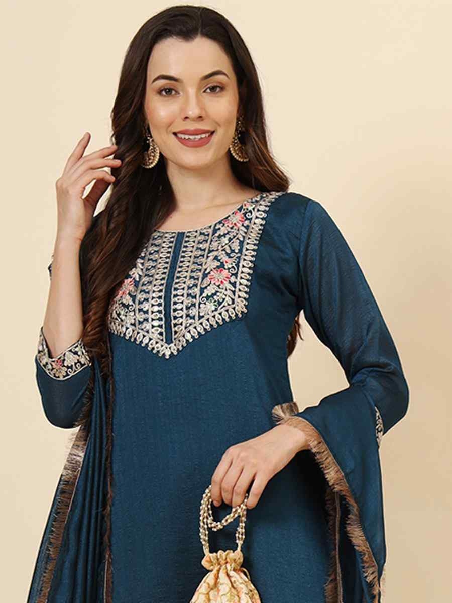 Teal Vichitra Silk Embroidered Party Wedding Ready Pant Salwar Kameez