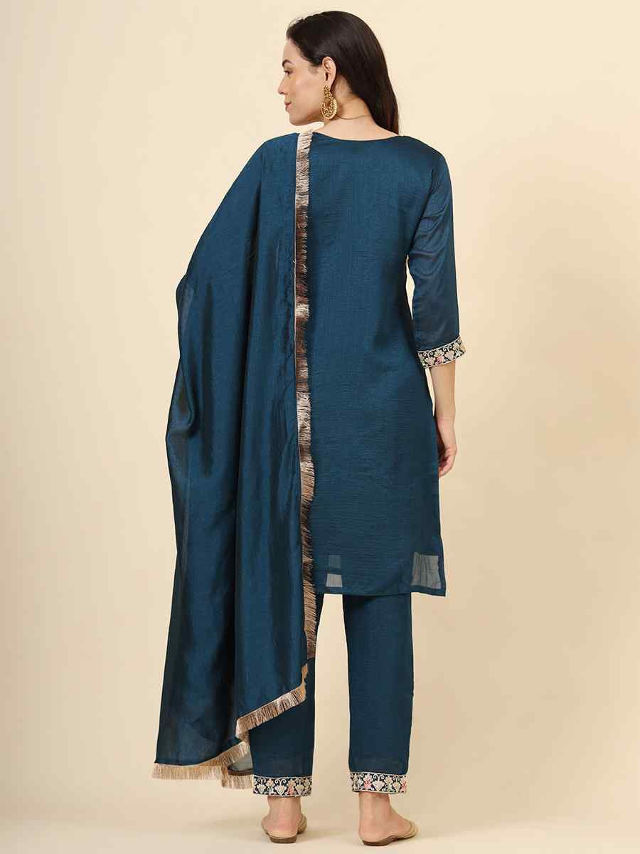 Teal Vichitra Silk Embroidered Party Wedding Ready Pant Salwar Kameez