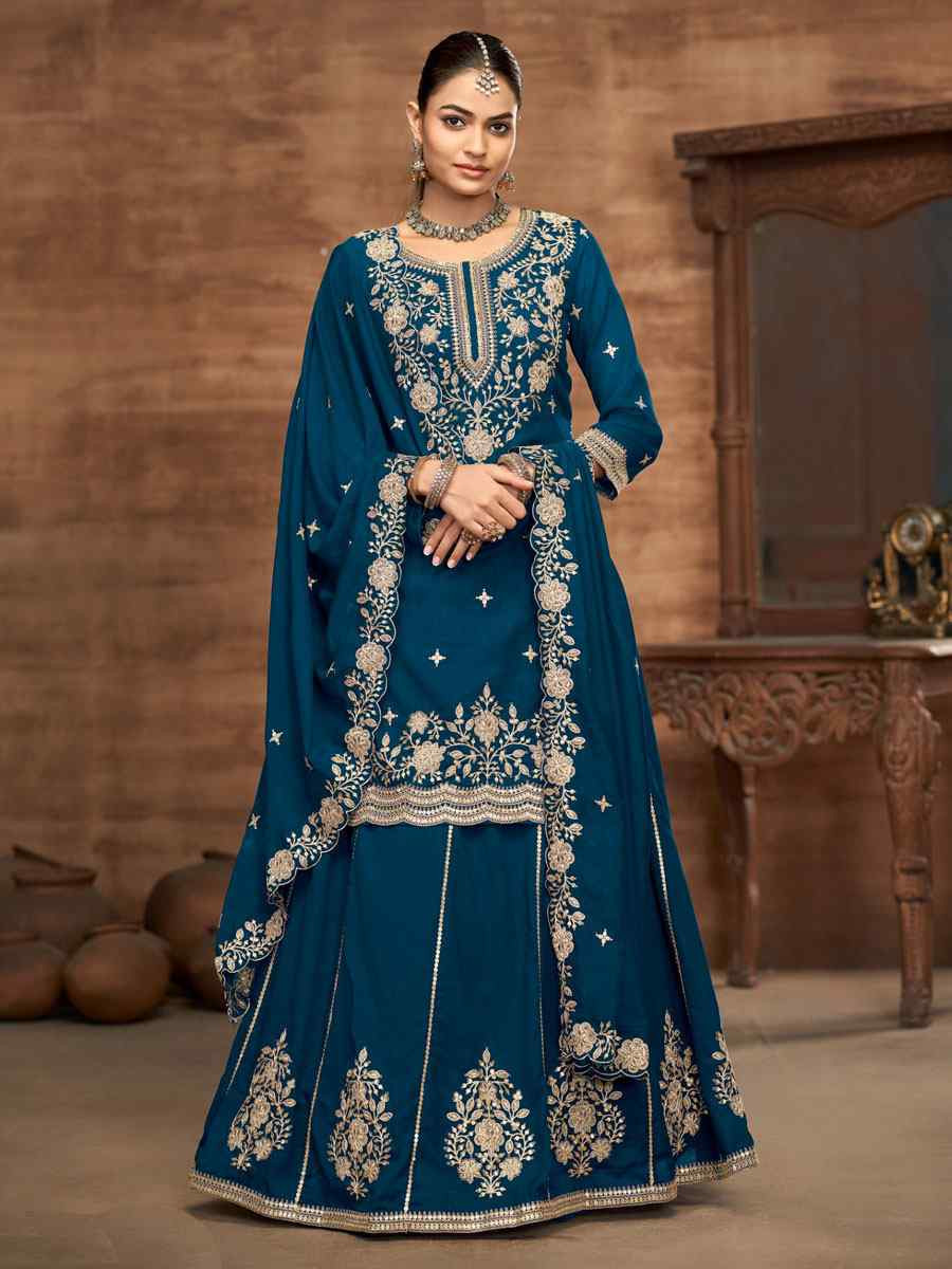 Teal Vichitra Silk Embroidered Wedding Reception Festival Casual Ready Kurti Lehenga Choli