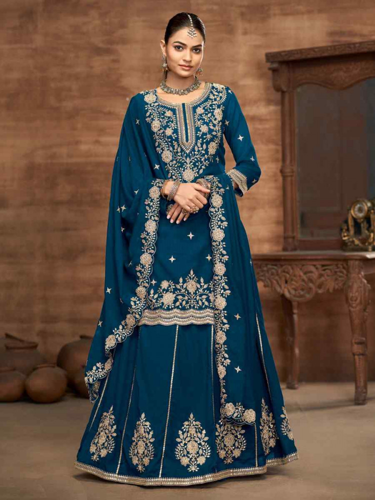 Image of Teal Vichitra Silk Embroidered Wedding Reception Festival Casual Ready Kurti Lehenga Choli